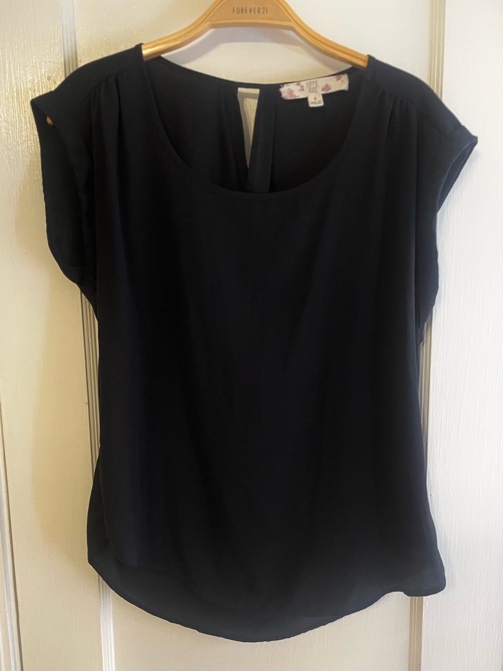 Hippie Rose Black High-Low Blouse Cap Sleeve Top Semi-Sheer Scoop Neck Womens S